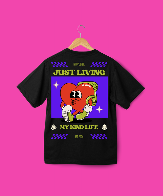 just living my kind life. | black tee | kindpeople.kids | regular kids tee